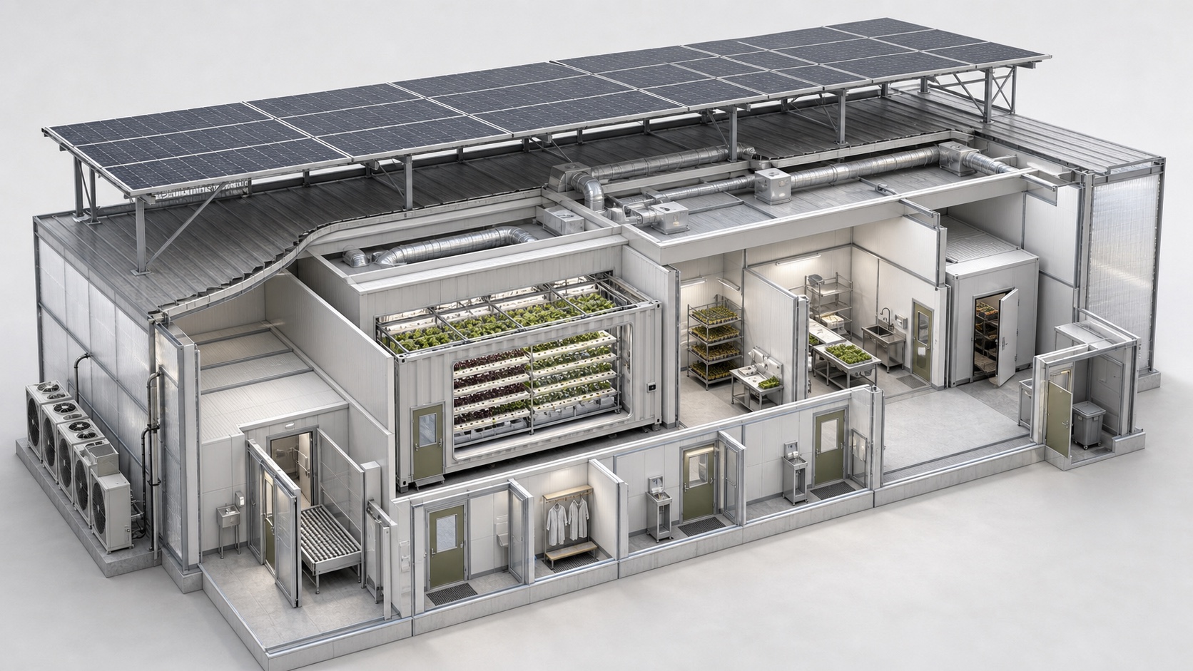 Grijs-witte conceptvisual van een loods met zonnepanelen en een interne teeltmodule